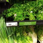Bunches of parsley and green onions on a supermarket shelf, with a price tag reading 99 cents in front of the parsley