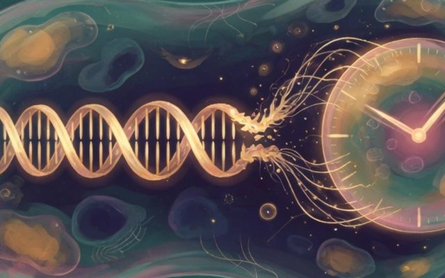 An illustrated DNA double helix unspooling into a glowing clock face inside a stylized cell.