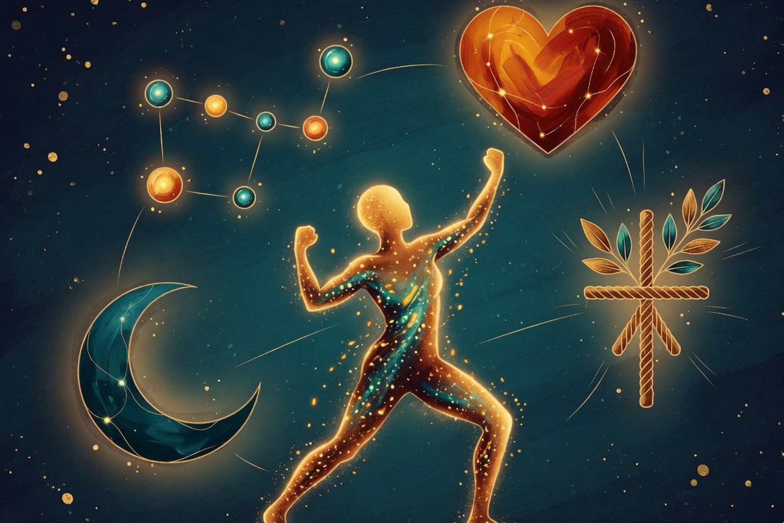 A luminous figure in an active pose ringed by symbols of a heart, a moon, and linked dots.