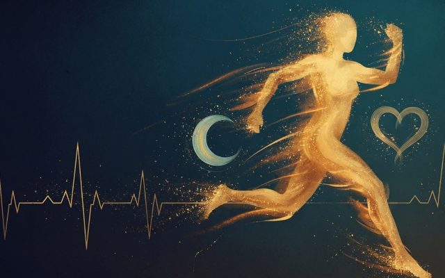 A luminous figure of light mid-stride above a glowing heartbeat line.