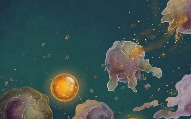 A cluster of dim aged cells among healthier ones, some dissolving into light.