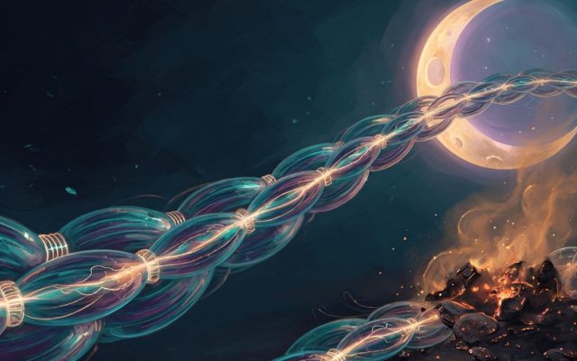 Interwoven strands of muscle fiber as glowing rope beside a crescent moon and an ember.