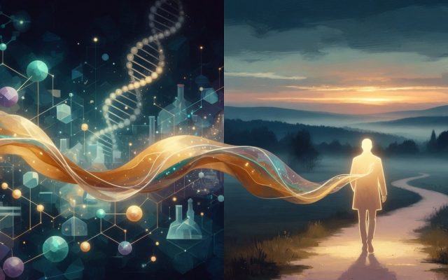A split scene of a glowing laboratory and a lone figure walking at dawn, joined by a ribbon of light.