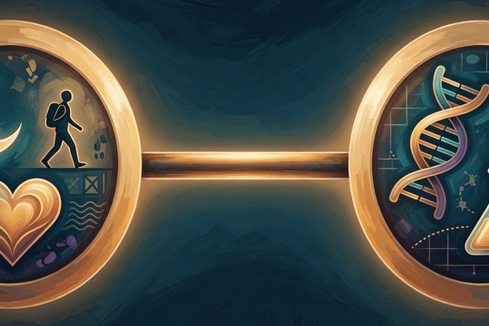 An illustrated barbell with everyday-life symbols on one weight and laboratory symbols on the other.