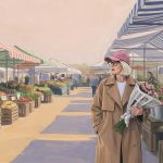Painted illustration of a woman in her fifties walking through an outdoor farmers market, wearing a pink baseball cap, black-rimmed glasses and a camel trench coat, carrying flowers wrapped in newspaper.