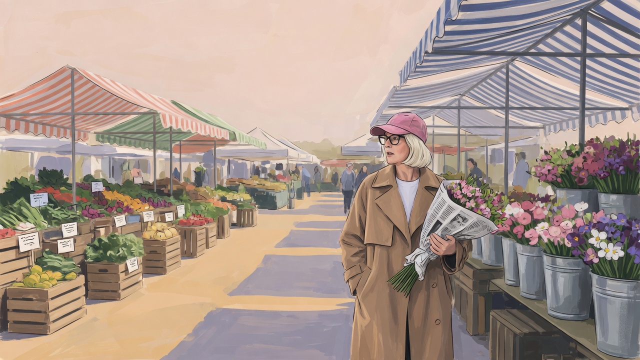Painted illustration of a woman in her fifties walking through an outdoor farmers market, wearing a pink baseball cap, black-rimmed glasses and a camel trench coat, carrying flowers wrapped in newspaper.