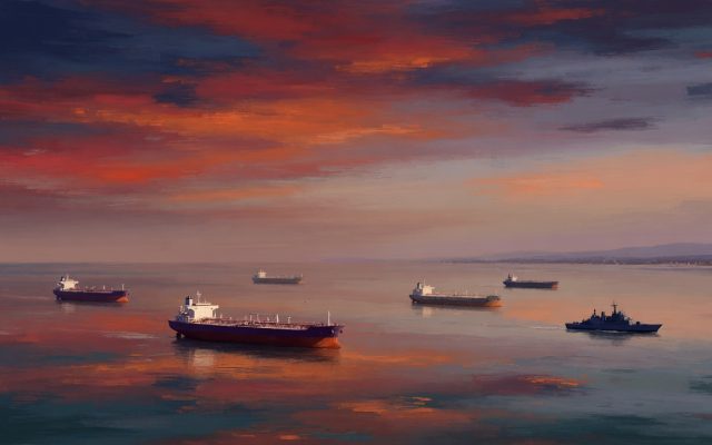 Painted illustration of oil tankers spread across a wide open seaway at dusk, a warship in the distance and a faint far shoreline on the horizon, evoking the Strait of Hormuz.