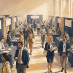 Illustration of job seekers meeting recruiters across booth tables at a busy indoor Orlando hiring fair