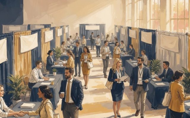 Illustration of job seekers meeting recruiters across booth tables at a busy indoor Orlando hiring fair