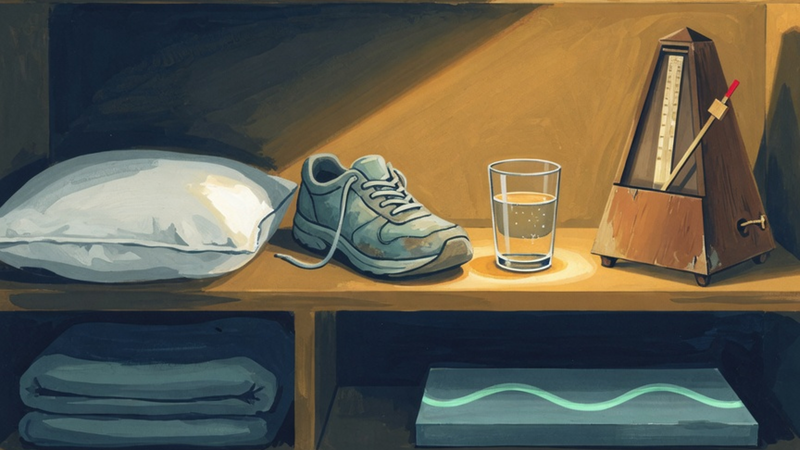 A painted illustration of a dark wooden cabinet. One shelf is lit by a shaft of warm gold light and holds a plain pillow, a worn running shoe, a glass of water and a wooden metronome. The shelves above and below fall away into deep navy shadow, stacked with folded blankets and a device with a glowing wavy line across it.