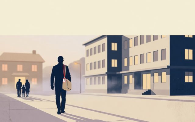 Editorial illustration of a lone worker with an ID lanyard walking toward an office building at dawn as a family watches from a warmly lit doorway