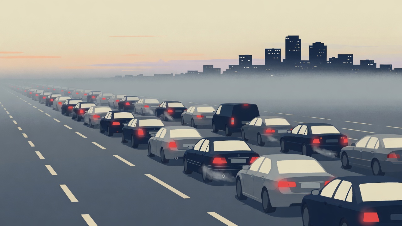 Editorial illustration of cars stuck in bumper-to-bumper highway traffic at dawn, red brake lights glowing, a city skyline in the distance