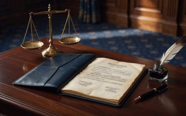 A navy enrolled-bill folio, brass scales of justice and a blurred engrossed page on a chamber desk, illustrating the SAVE Act.