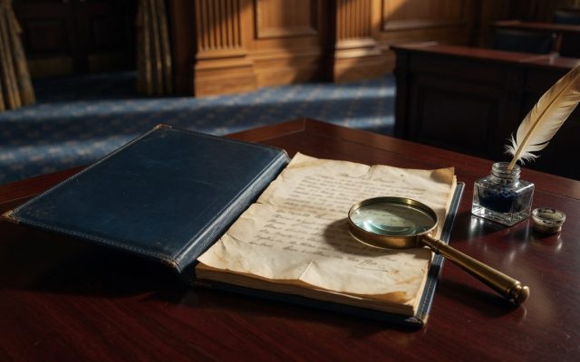 A blurred engrossed page under a brass magnifying glass in a navy folio on a chamber desk, illustrating scrutiny of a certified birth certificate.