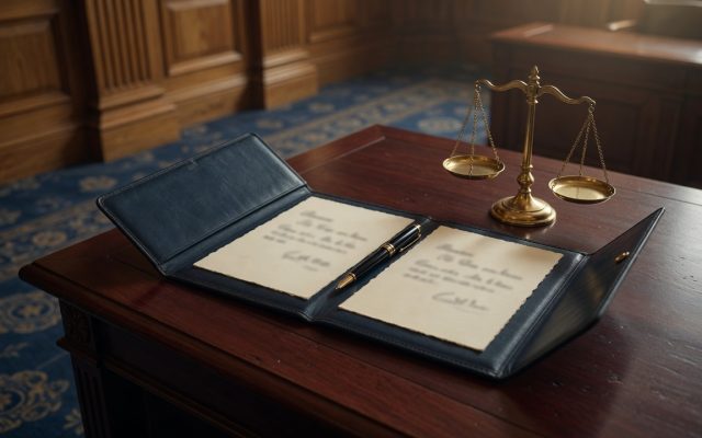 Two blurred cards side by side in a navy folio with brass scales on a chamber desk, illustrating the SAVE Act married-name mismatch.