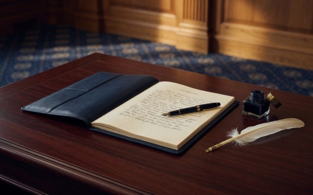A navy folio with a blurred engrossed page and a fountain pen poised to sign, on a chamber desk, illustrating SAVE Act registration triggers.