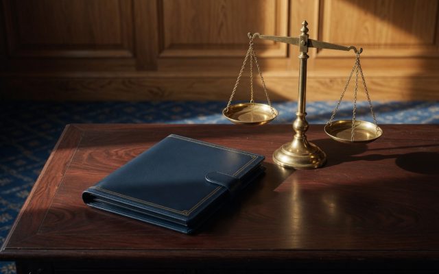 A closed navy bill folio beside tall brass scales of justice in a wood-paneled chamber, illustrating the SAVE Act federalism debate.