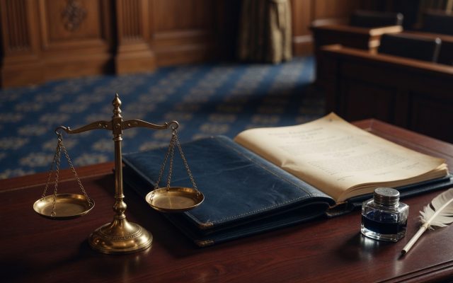 Balanced brass scales of justice in the foreground with a navy folio and blurred page behind, illustrating the SAVE Act evidence.