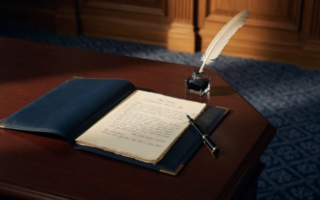 A navy folio with a fresh blurred page, a quill and inkwell on a chamber desk, illustrating the current status of the SAVE Act.
