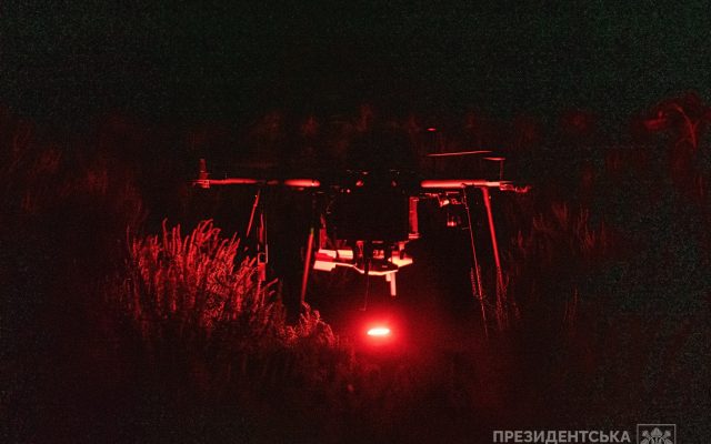Ukrainian soldiers operate a reconnaissance drone from a position near the front line