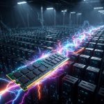 A memory chip zipping across the top of an AI computer farm.
