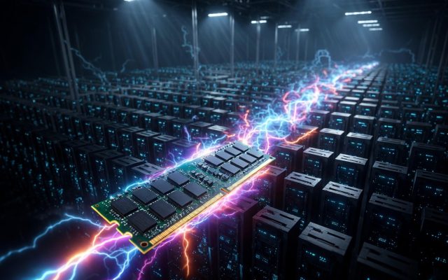 A memory chip zipping across the top of an AI computer farm.