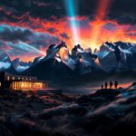 A cinematic view of a modern luxury lodge glowing warmly beneath the iconic granite towers of Torres del Paine at twilight.