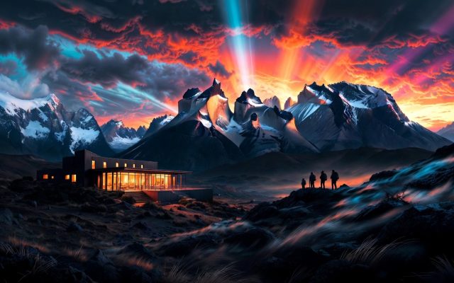 A cinematic view of a modern luxury lodge glowing warmly beneath the iconic granite towers of Torres del Paine at twilight.