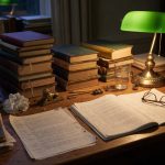 A writer’s desk after dark with tall stacks of worn hardback books, an open annotated manuscript, reading glasses and a green glass banker’s lamp