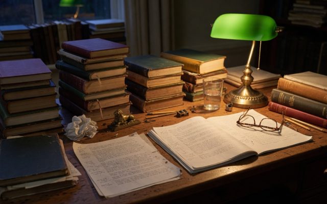 A writer’s desk after dark with tall stacks of worn hardback books, an open annotated manuscript, reading glasses and a green glass banker’s lamp