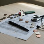 A household budget printout on a pale wood kitchen table with keys, a pen, a stethoscope and loose coins scattered across it