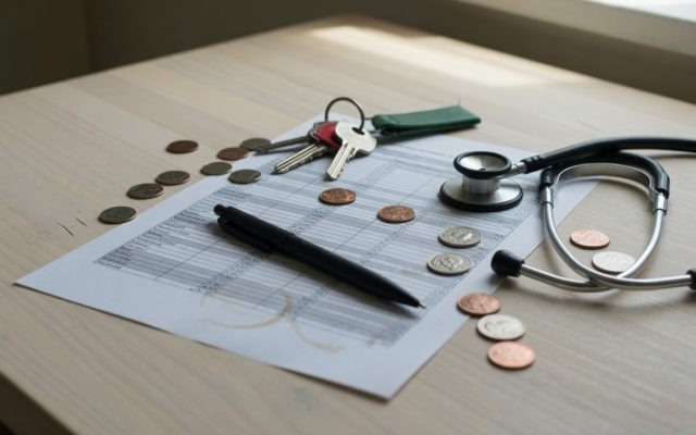 A household budget printout on a pale wood kitchen table with keys, a pen, a stethoscope and loose coins scattered across it