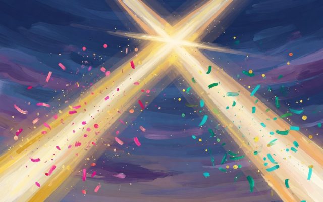 Abstract painted illustration of two premiere searchlight beams crossing high in a night sky with colorful confetti catching the light.