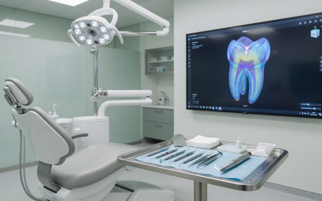A modern dental treatment room with the chair and overhead light at left, a wall monitor showing a three-dimensional scan of a tooth, and sterile instruments on a tray in the foreground