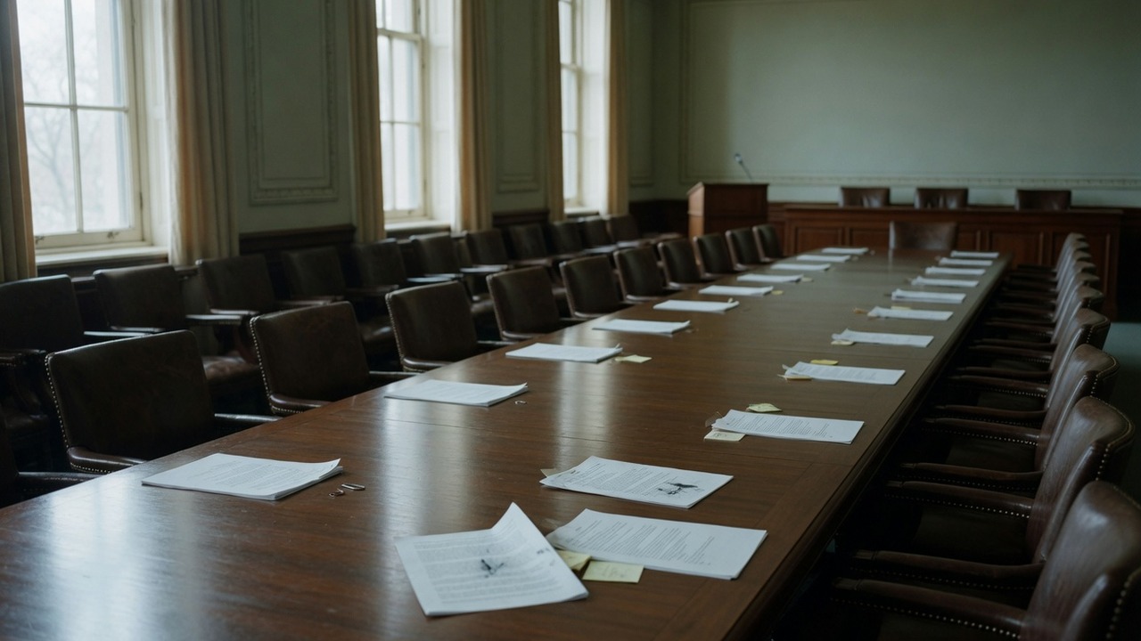 A long empty government committee room with a polished dark wood table running away from camera, rows of empty leather chairs, tall windows and loose papers left on the table