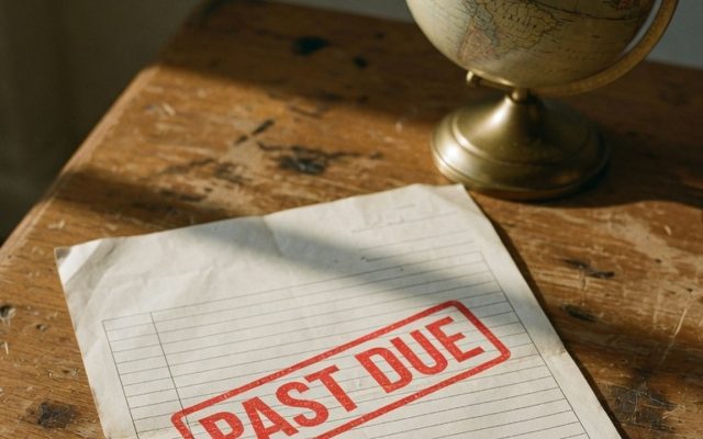 A blank paper invoice on a worn wooden desk with a heavy red PAST DUE stamp across it and a brass desk globe behind it in raking afternoon light