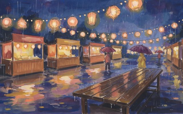 Painted illustration of a rainy nighttime outdoor food-festival marketplace: glowing stalls, hanging lanterns and string lights, a few visitors under umbrellas, and an empty wet wooden table in the foreground.