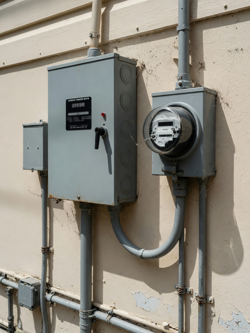 A gray automatic transfer switch and electrical meter mounted on the exterior wall of a house