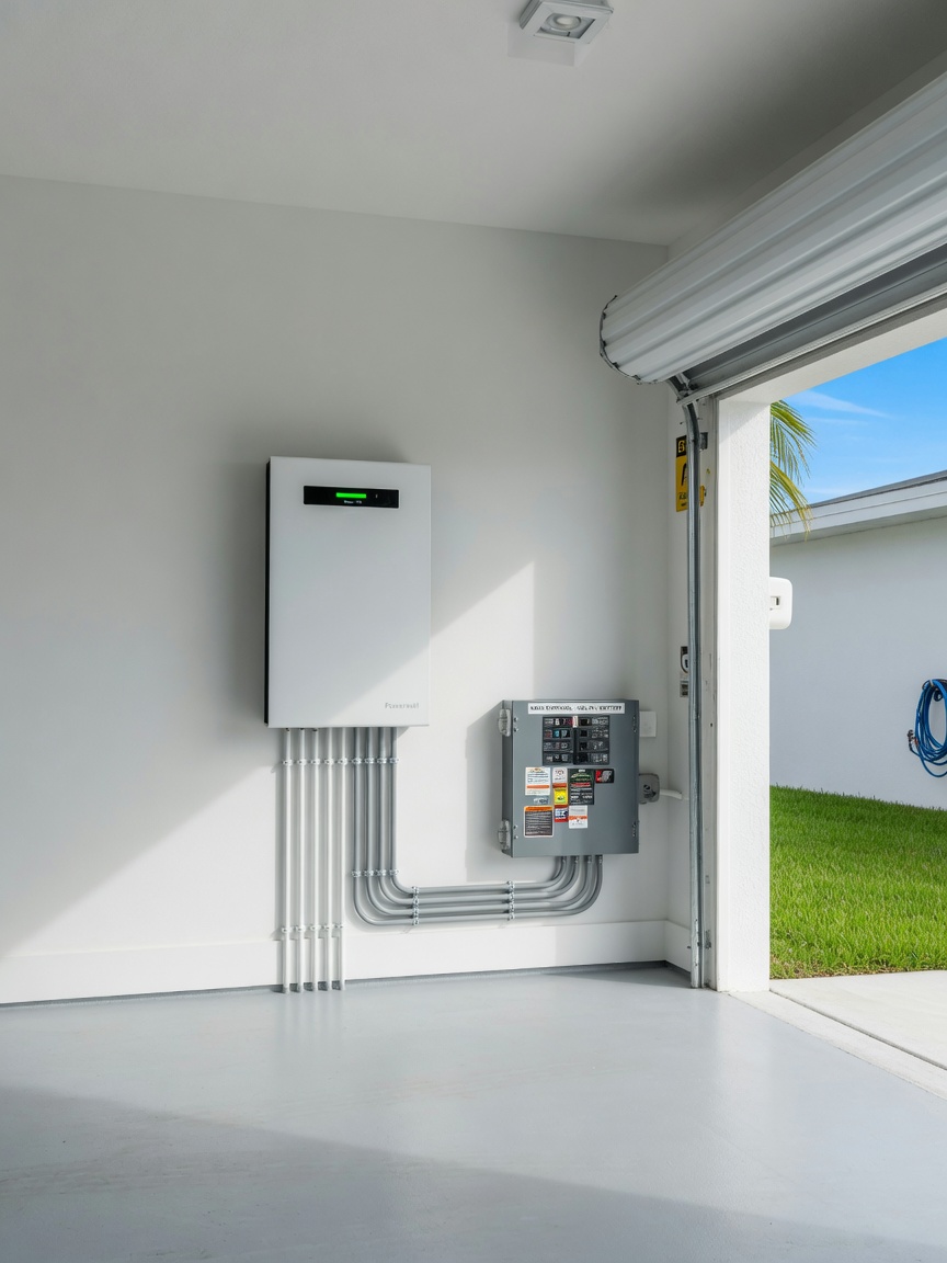 A wall-mounted white home battery storage unit in a Florida garage, conduit running to an electrical subpanel, open garage door to daylight