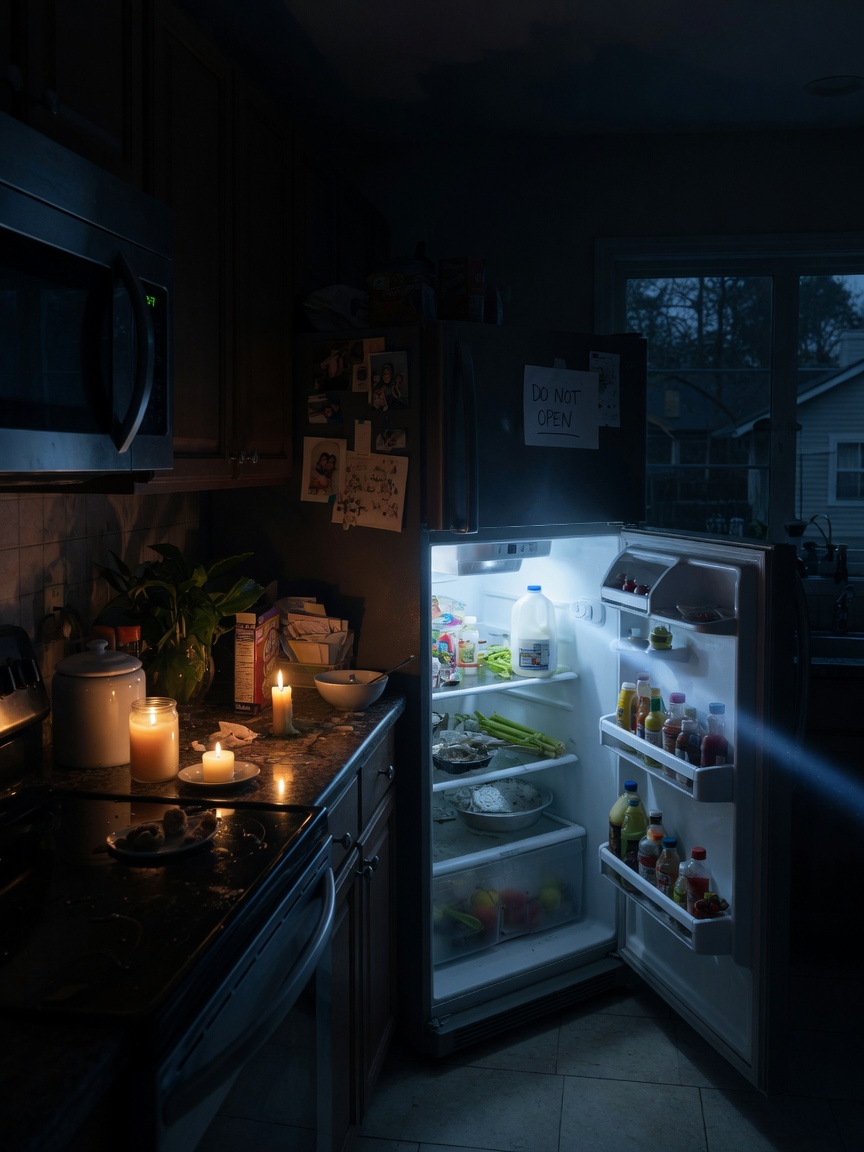 A dark home kitchen during a night power outage, a flashlight beam lighting an open refrigerator, candles on the counter