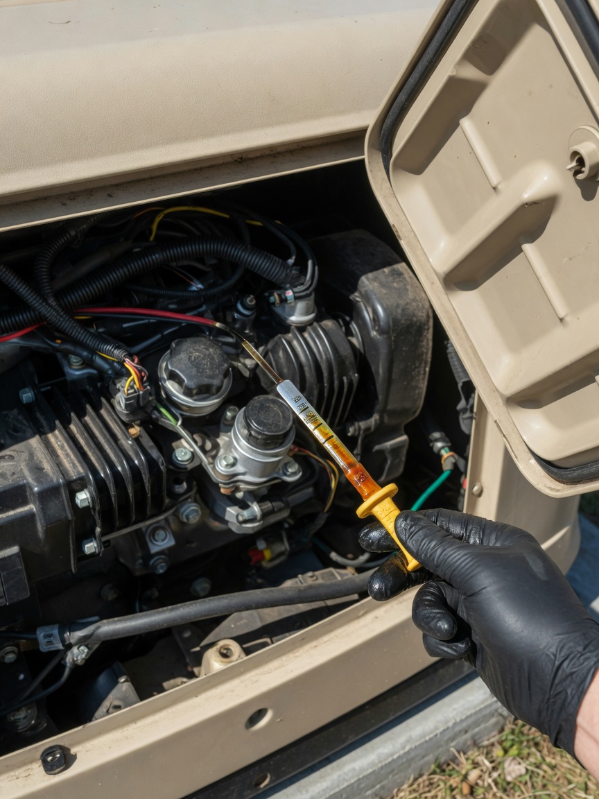 A gloved hand checking the oil dipstick of a home standby generator with its lid open