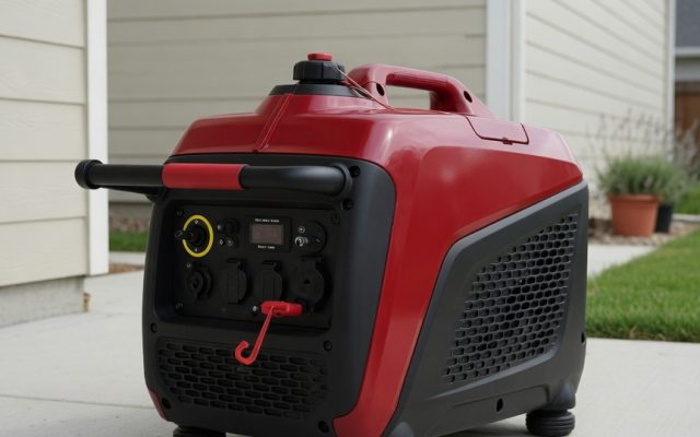 A modern portable inverter generator on a concrete patio beside a suburban house in daylight