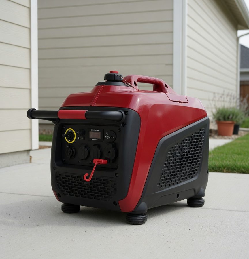 A modern portable inverter generator on a concrete patio beside a suburban house in daylight
