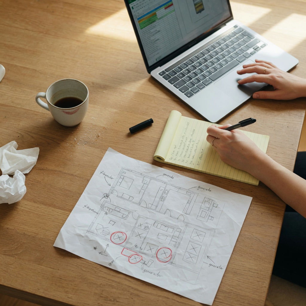 A kitchen table with a laptop, notepad, and a hand-drawn home floor plan for planning backup power