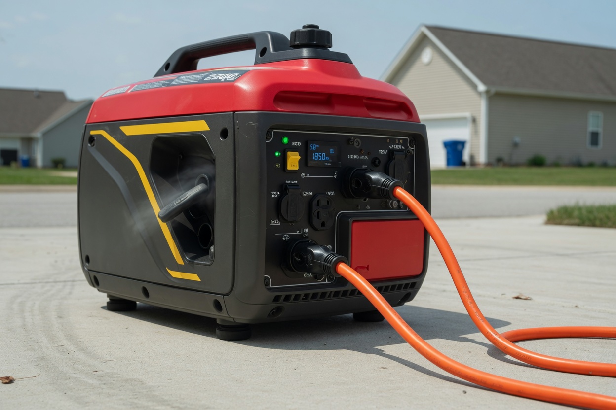 Heavy-duty extension cords plugged directly into the outlet panel of a portable inverter generator running outdoors on a driveway, well away from the house