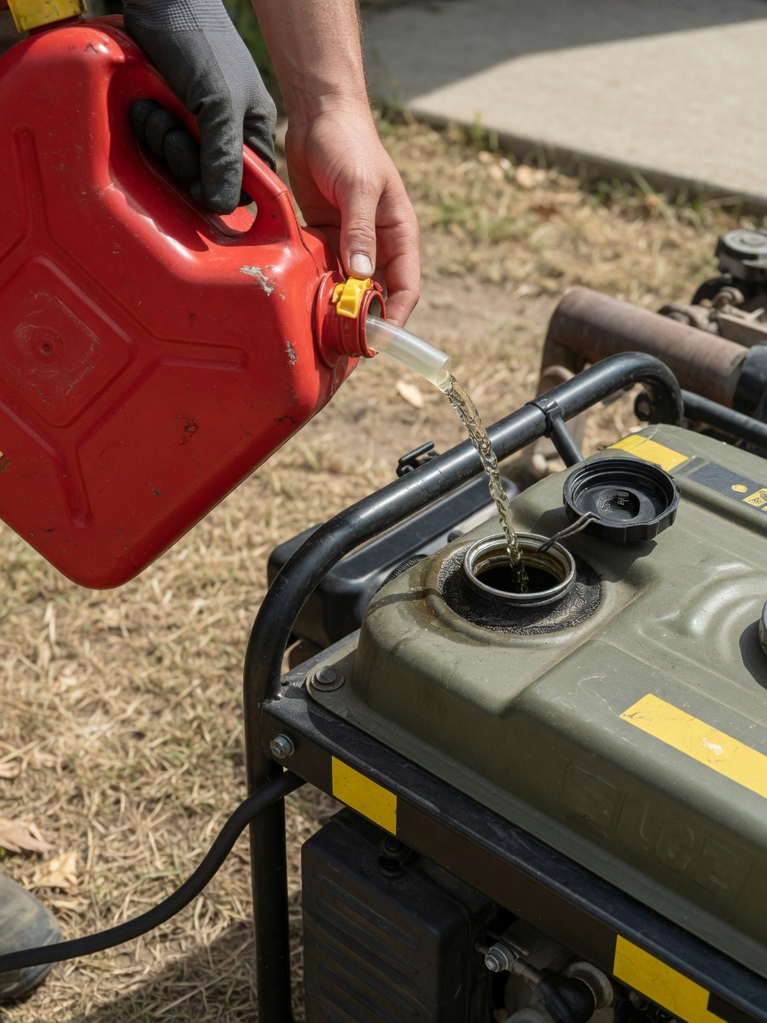 Gloved hands refueling a portable generator from a red fuel can outdoors