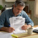 A homeowner sits at a kitchen table reviewing a printed home-improvement contract and quote with a pen, calculator and reading glasses, checking the line items before signing