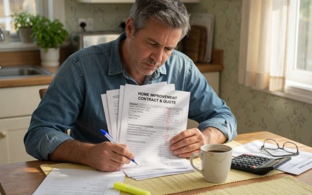 A homeowner sits at a kitchen table reviewing a printed home-improvement contract and quote with a pen, calculator and reading glasses, checking the line items before signing