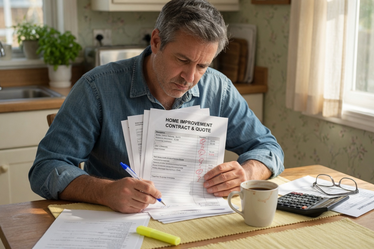 A homeowner reviews a printed home-improvement contract and quote at the kitchen table, checking the line items before signing