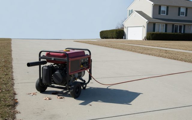 A portable generator running on a driveway well away from a house, a cord running back to the home